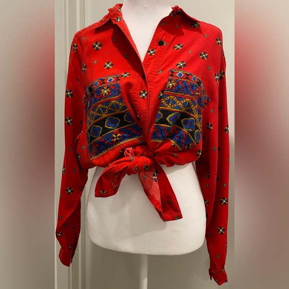 VTG Josephine Red Patterned Button-Up Long-Sleeve Shirt With Pockets - Size Med - Picture 1 of 10